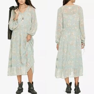 Ralph‎ Lauren Denim Supply Sheer Lace Trim Maxi Dress Floral Green Boho Gauze